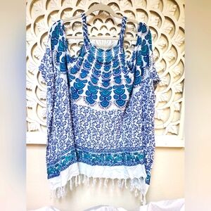 Cold Shoulder Vintage Batik Sequins Style Poncho Top OSFM